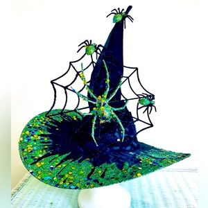 WITCH HAT Black satin green Sparkles crawling with spiders & Lg web 1 Of a kind